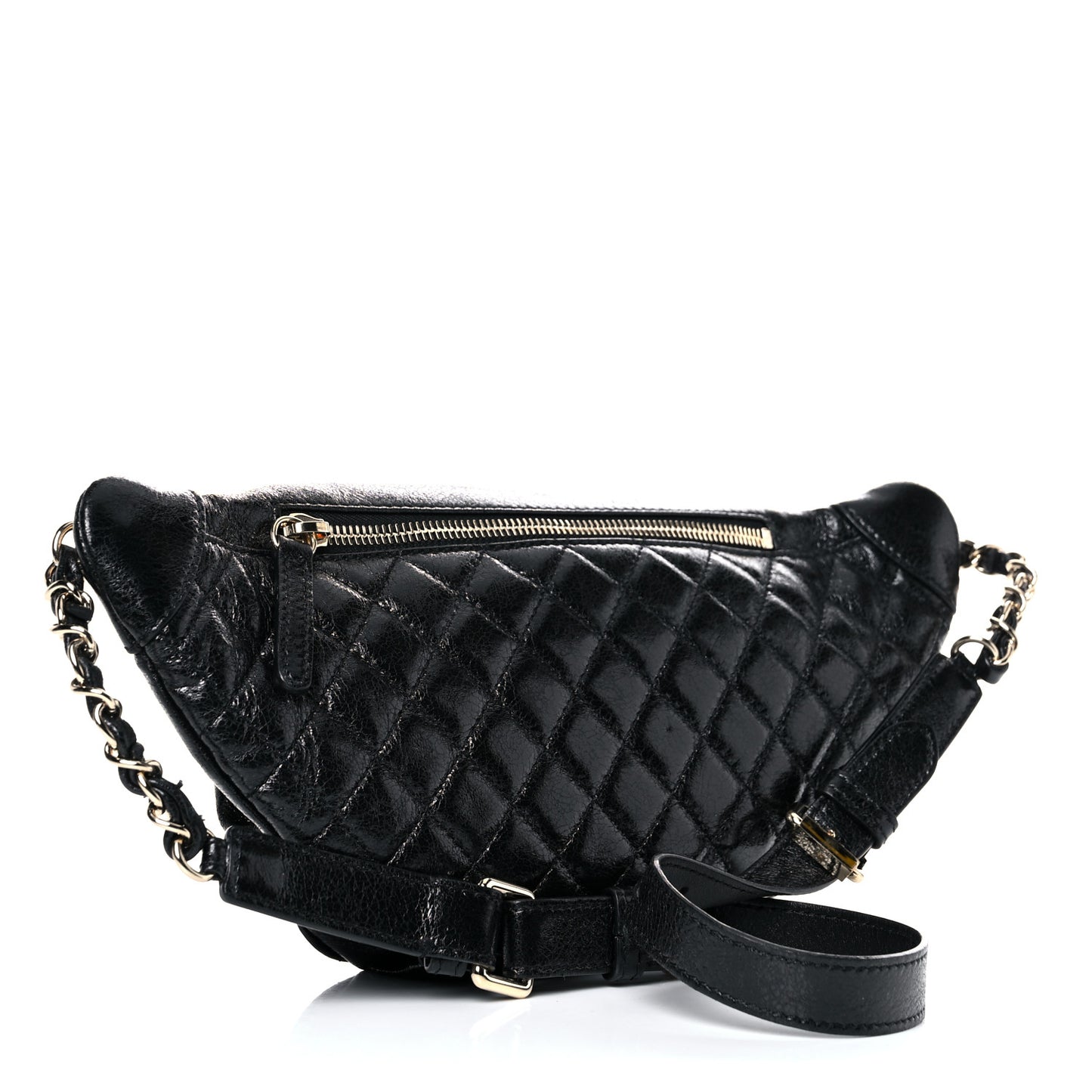 Crumpled Glazed Lambskin Quilted Waist Bag Fanny Pack Black