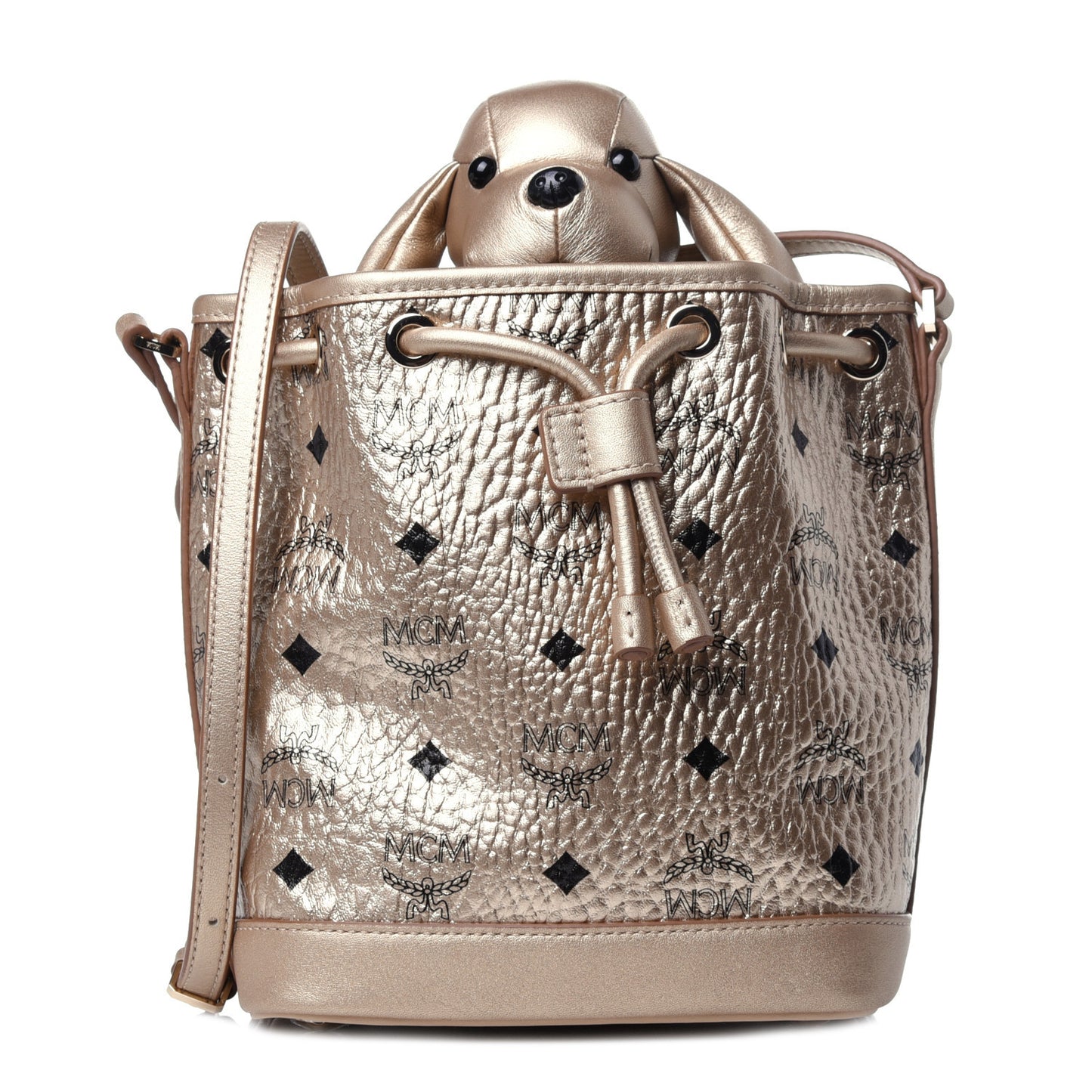 Metallic Visetos Zoo Dog Drawstring Bucket Bag Gold