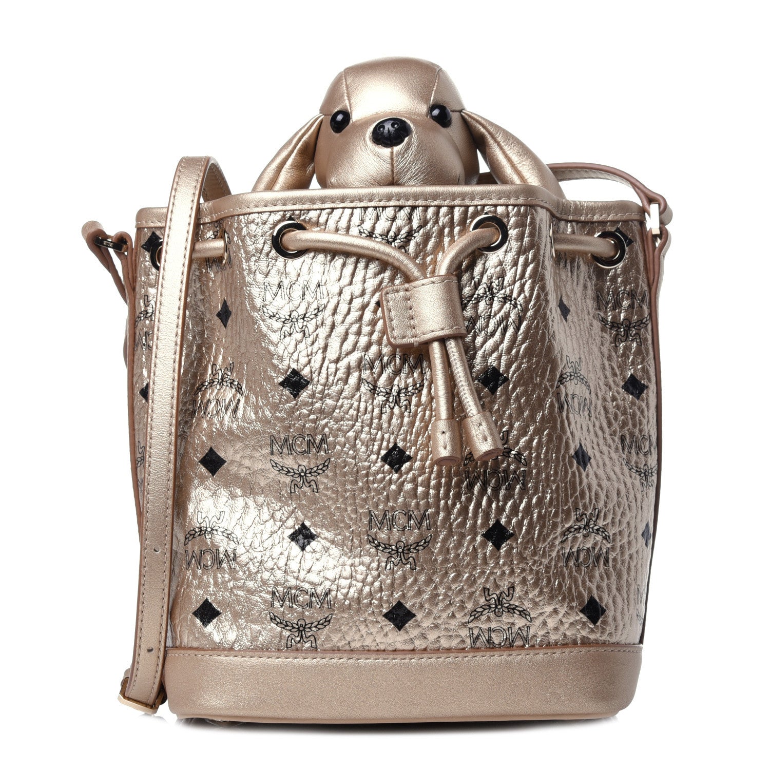 MCM Metallic Visetos Zoo Dog Drawstring Bucket Bag Gold 1 of 12
