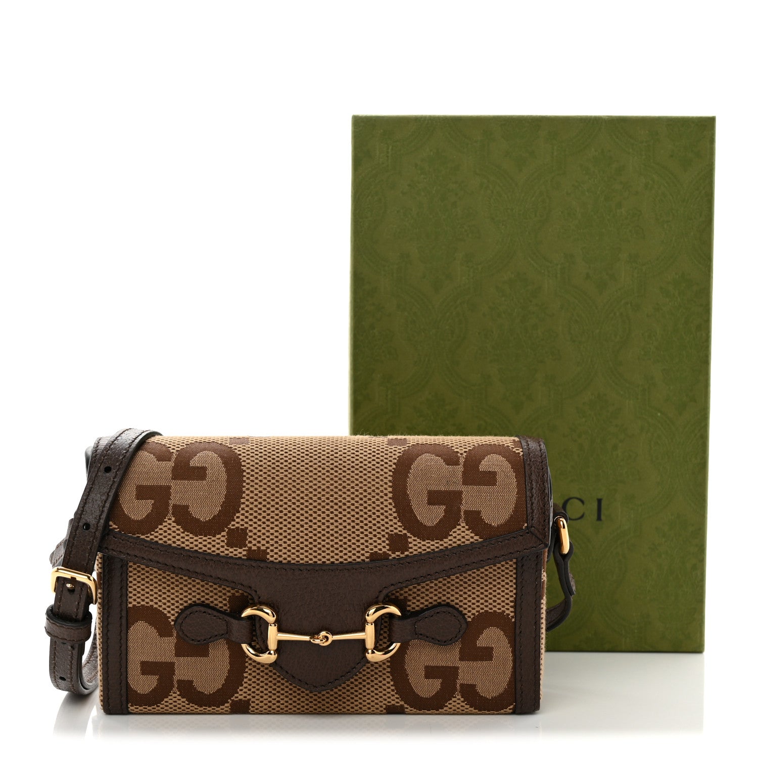 Gucci Monogram Jumbo GG Textured Dollar Calfskin Mini Horsebit 1955 Shoulder Bag Camel Ebony New Acero 13 of 13