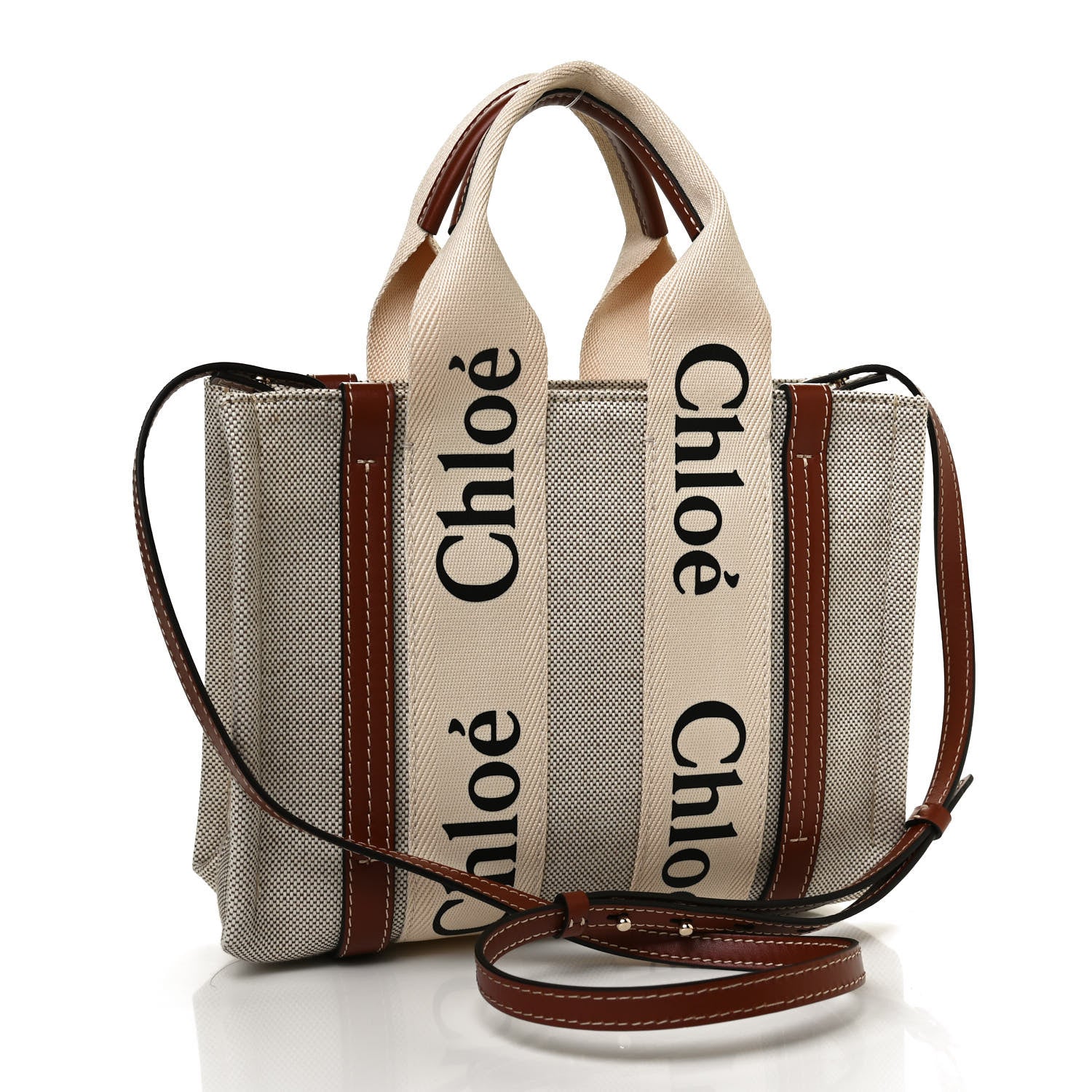 Chloe Cotton Calfskin Small Woody Ribbon Tote With Strap White Brown 3 of 12