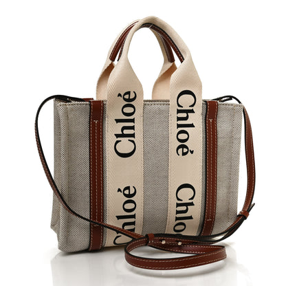 Chloe Cotton Calfskin Small Woody Ribbon Tote With Strap White Brown 3 of 12