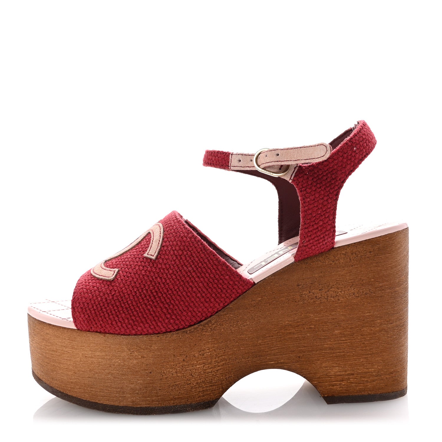 Chanel Fabric Calfskin Platform Wedge Sandals 37 Dark Red Light Pink 1 of 9