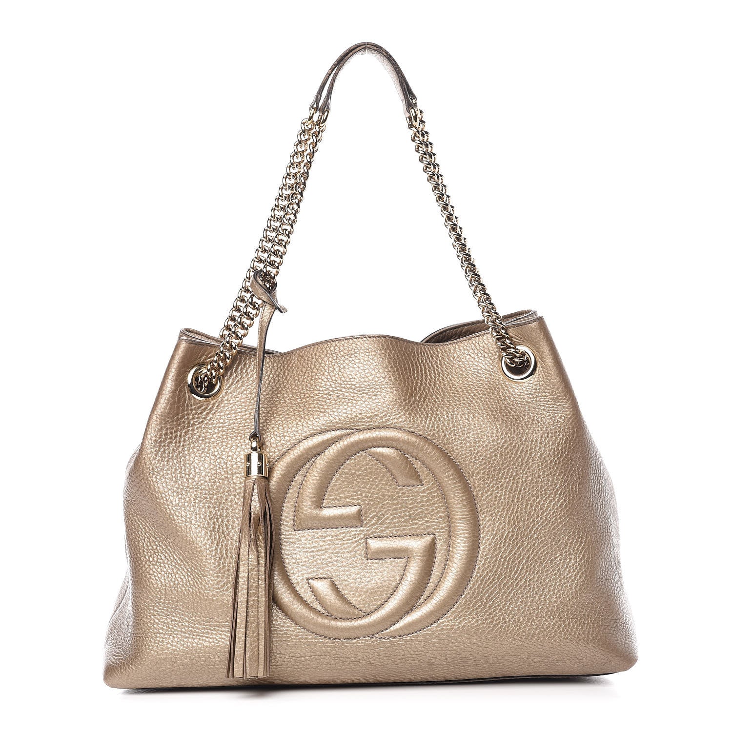 Gucci Metallic Pebbled Calfskin Medium Soho Chain Shoulder Bag Golden Beige 1 of 19