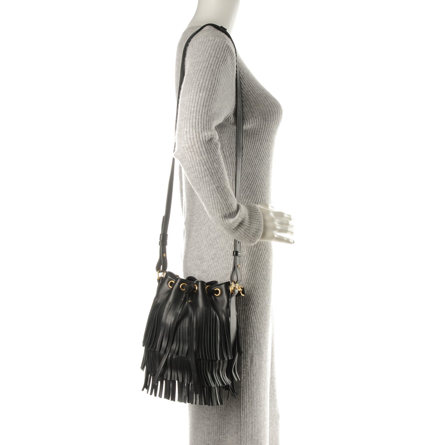 Calfskin Small Emmanuelle Fringe Hobo Bag Black