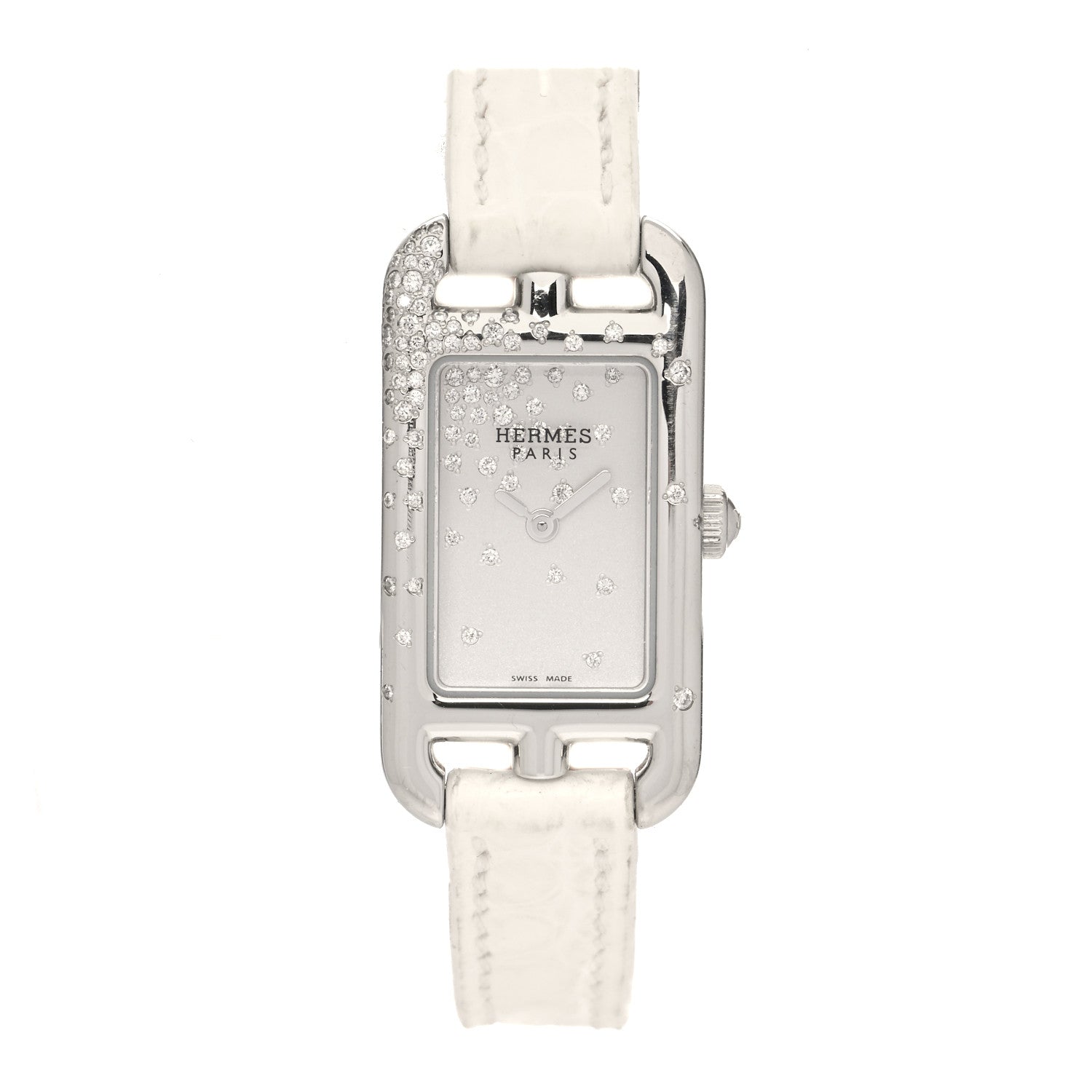 Hermes Stainless Steel Alligator Diamond 17mm Nantucket Jete De Diamants Quartz Watch Blanc 1 of 5