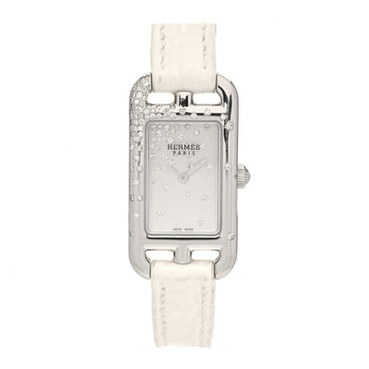 Hermes Stainless Steel Alligator Diamond 17mm Nantucket Jete De Diamants Quartz Watch Blanc 1 of 5