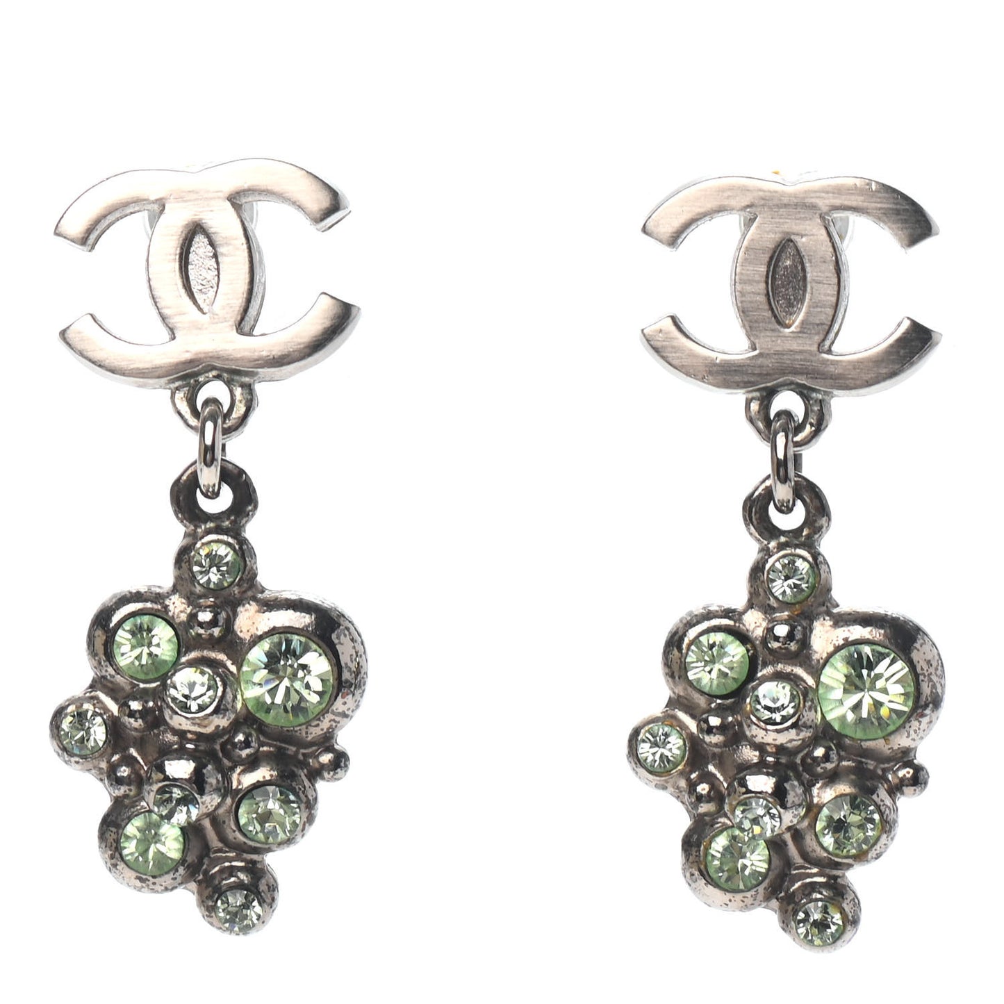 Crystal CC Drop Earrings Silver Green