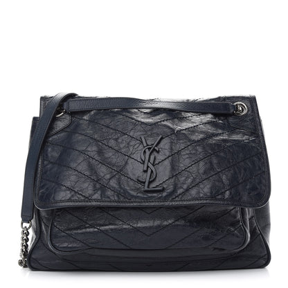 Saint Laurent Crinkled Calfskin Matelasse Monogram Large Niki Chain Satchel Deep Marine 1 of 14
