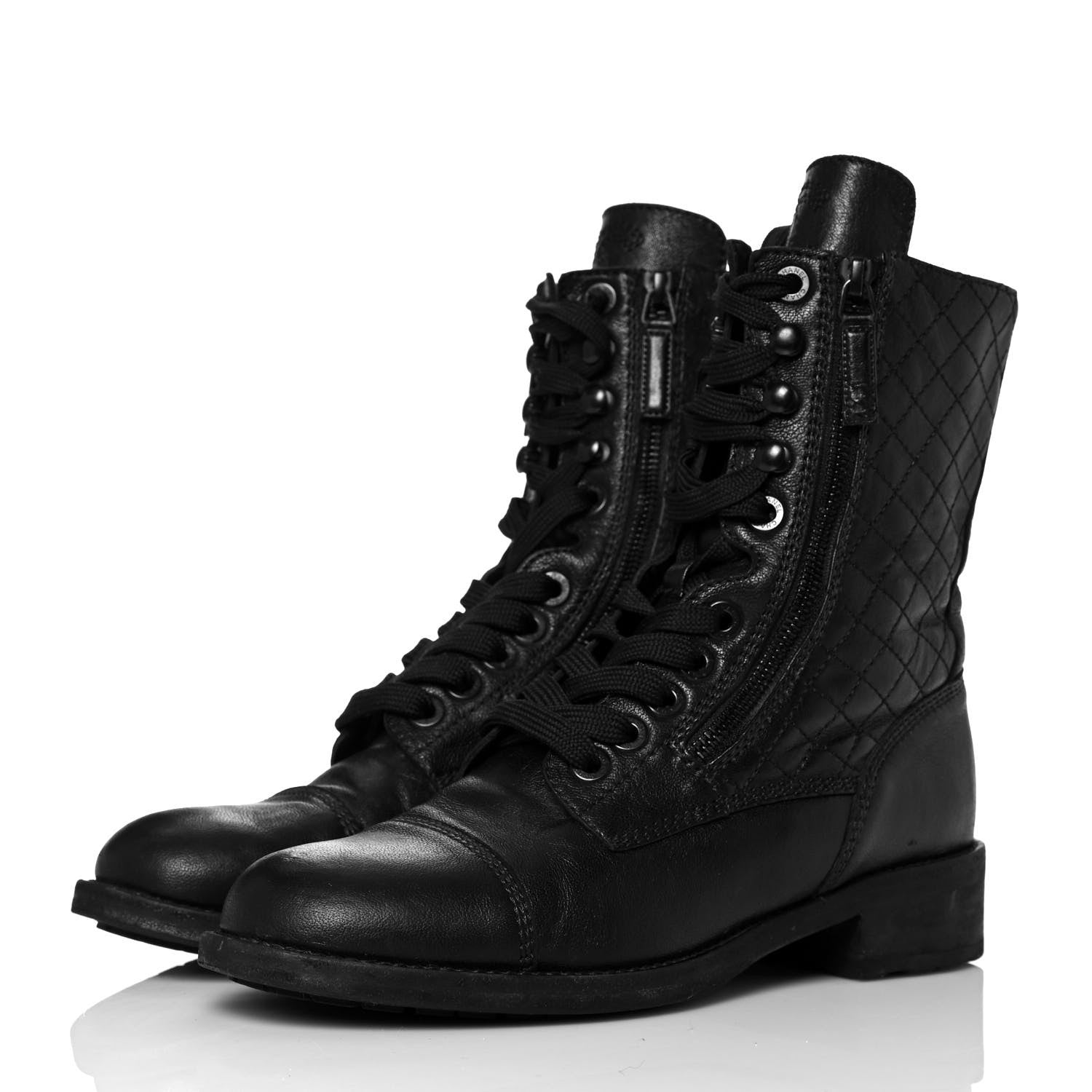 Chanel Calfskin Quilted Lace Up Combat Boots 38.5 Black 3 of 8