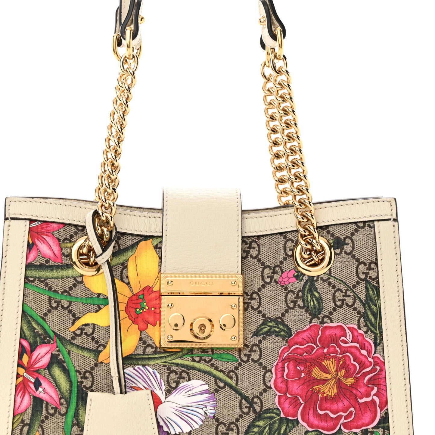 GG Supreme Monogram Flora Textured Calfskin Small Padlock Tote Beige Ebony Multicolor Mystic White