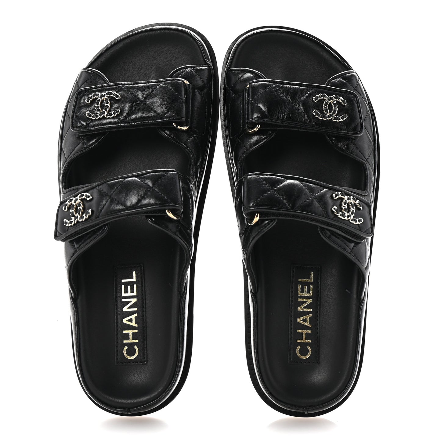Lambskin Quilted Velcro Dad Chain CC Slide Sandals 36.5 Black