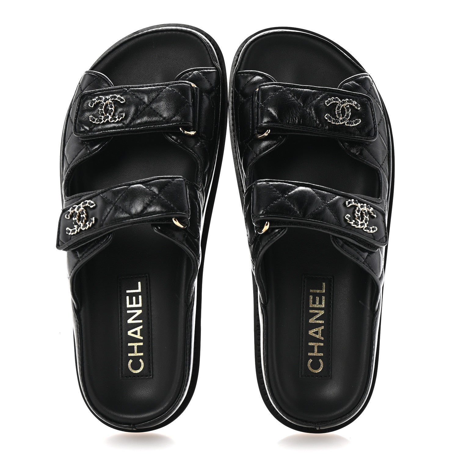 Chanel Lambskin Quilted Velcro Dad Chain CC Slide Sandals 36.5 Black 2 of 10