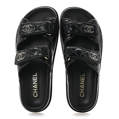 Chanel Lambskin Quilted Velcro Dad Chain CC Slide Sandals 36.5 Black 2 of 10