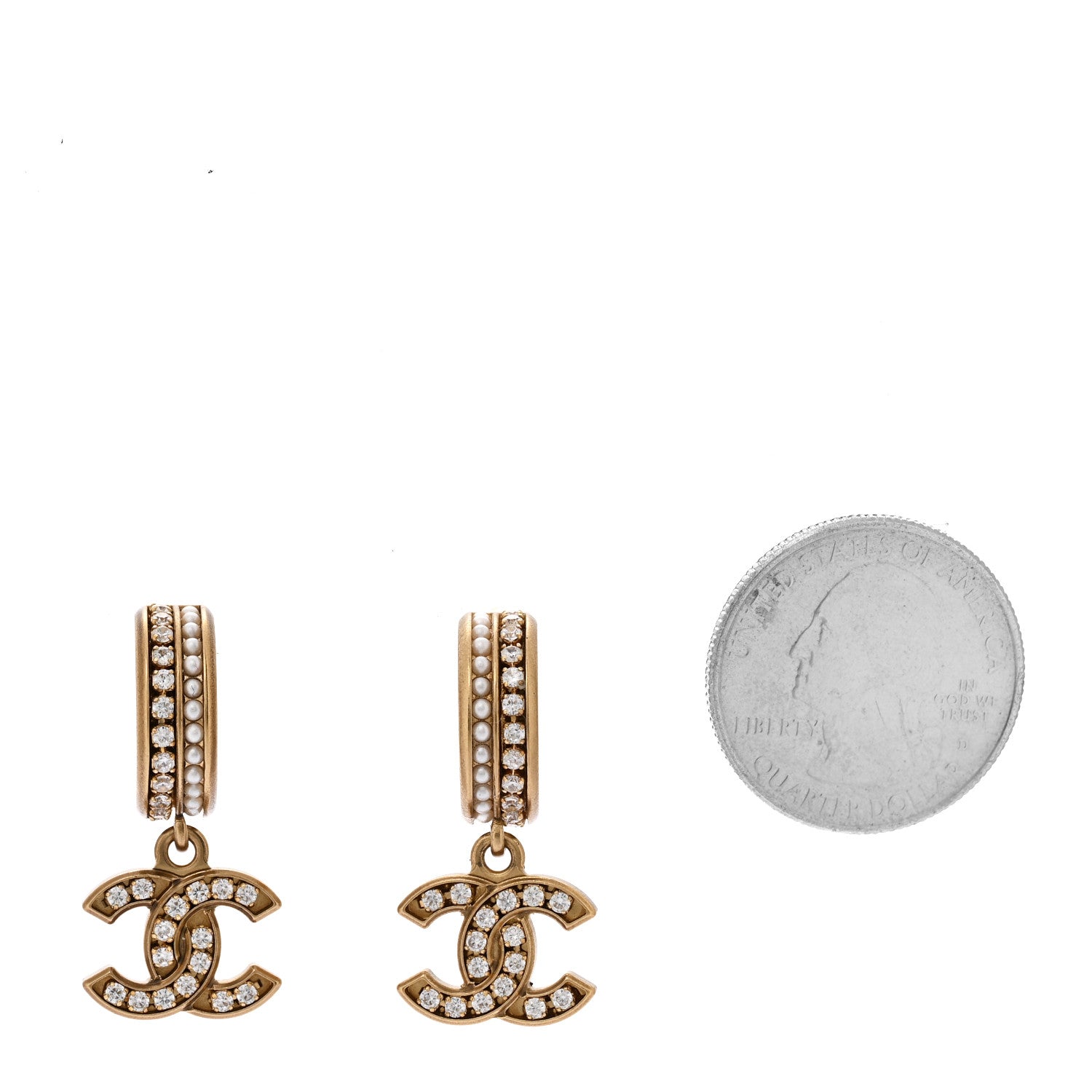 Chanel Crystal Pearl CC Hoop Drop Earrings Gold 2 of 4