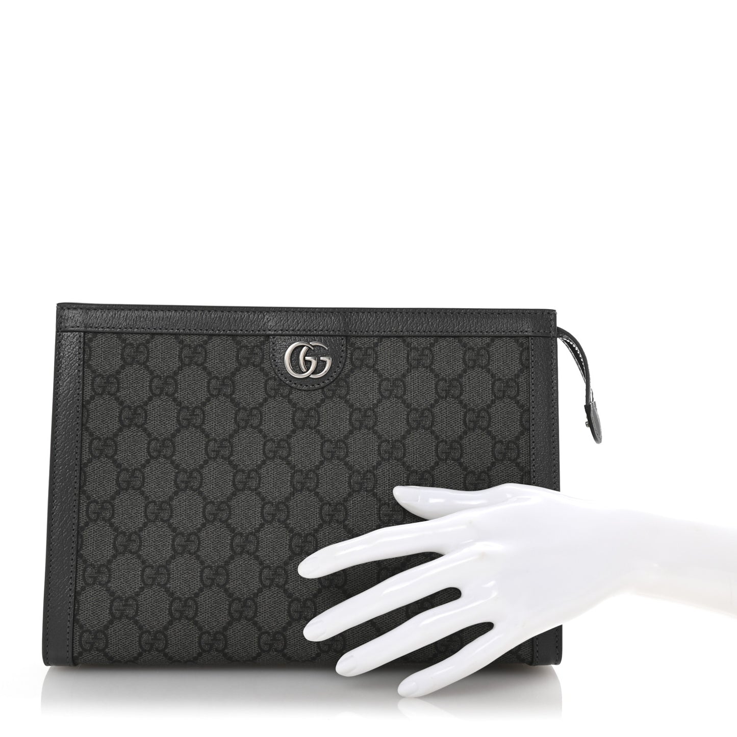 GG Supreme Monogram Textured Dollar Calfskin Ophidia Wristlet Pouch Grey Black Graphite Grey