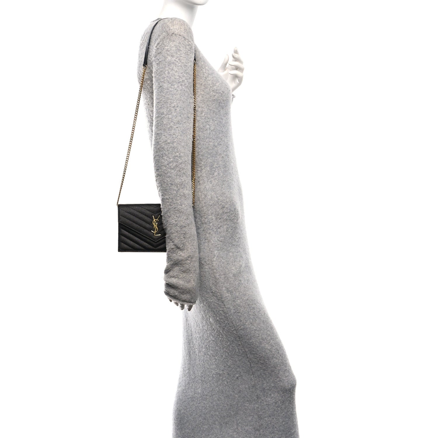 Saint Laurent Grain De Poudre Matelasse Chevron Monogram Envelope Chain Wallet Black 2 of 11