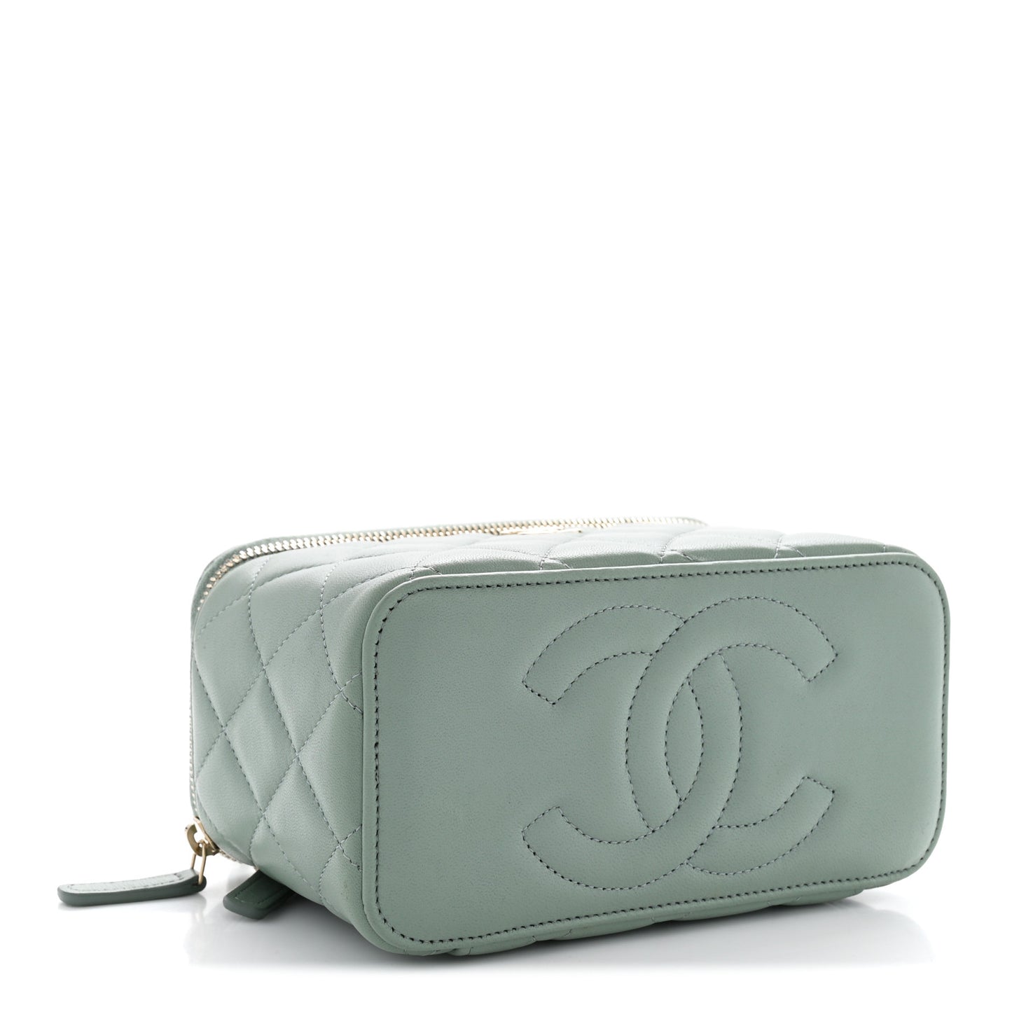 Lambskin Quilted Small Top Handle Vanity Case With Chain Light Green