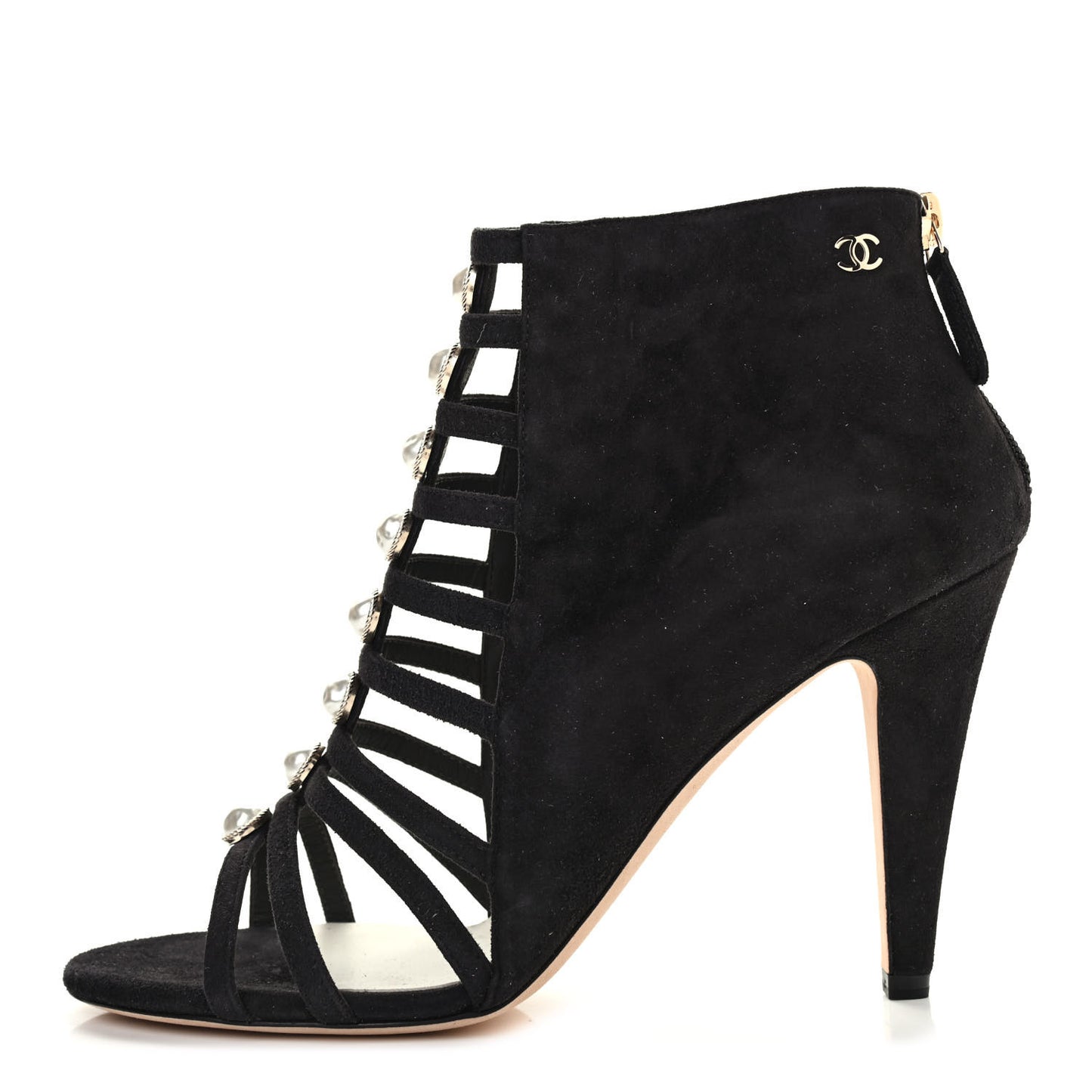 Suede Pearl Open Toe Caged Ankle Boots 39.5 Dark Grey