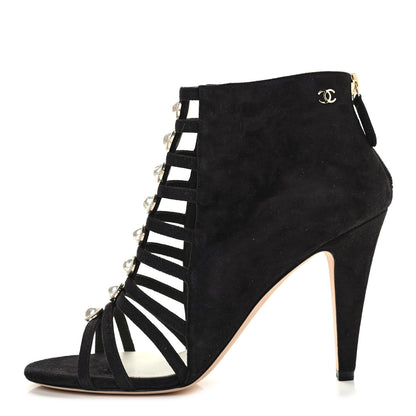 Chanel Suede Pearl Open Toe Caged Ankle Boots 39.5 Dark Grey 1 of 9