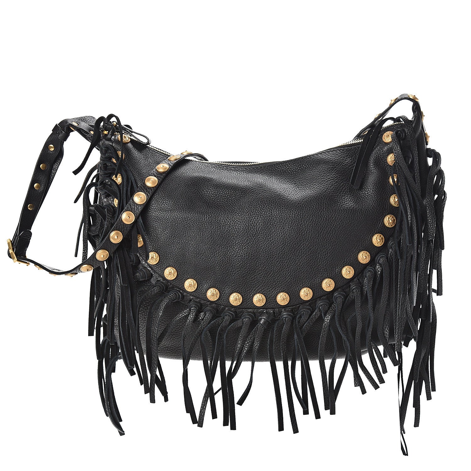 Valentino Garavani Grained Calfskin C-Rockee Fringe Hobo Black 1 of 10