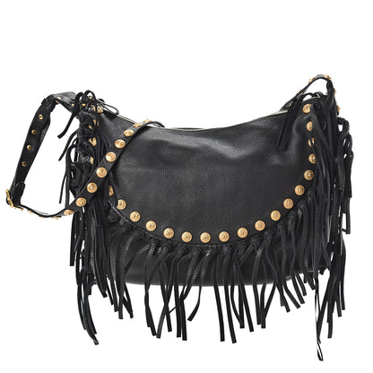 Valentino Garavani Grained Calfskin C-Rockee Fringe Hobo Black 1 of 10