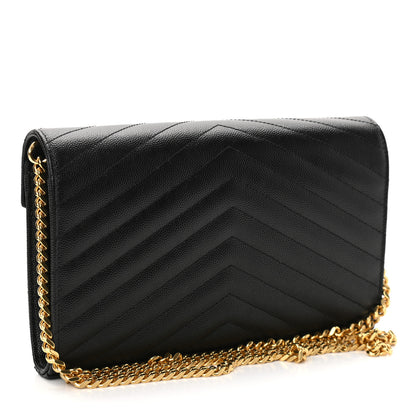 Saint Laurent Grain De Poudre Matelasse Chevron Monogram Chain Wallet Black 2 of 10