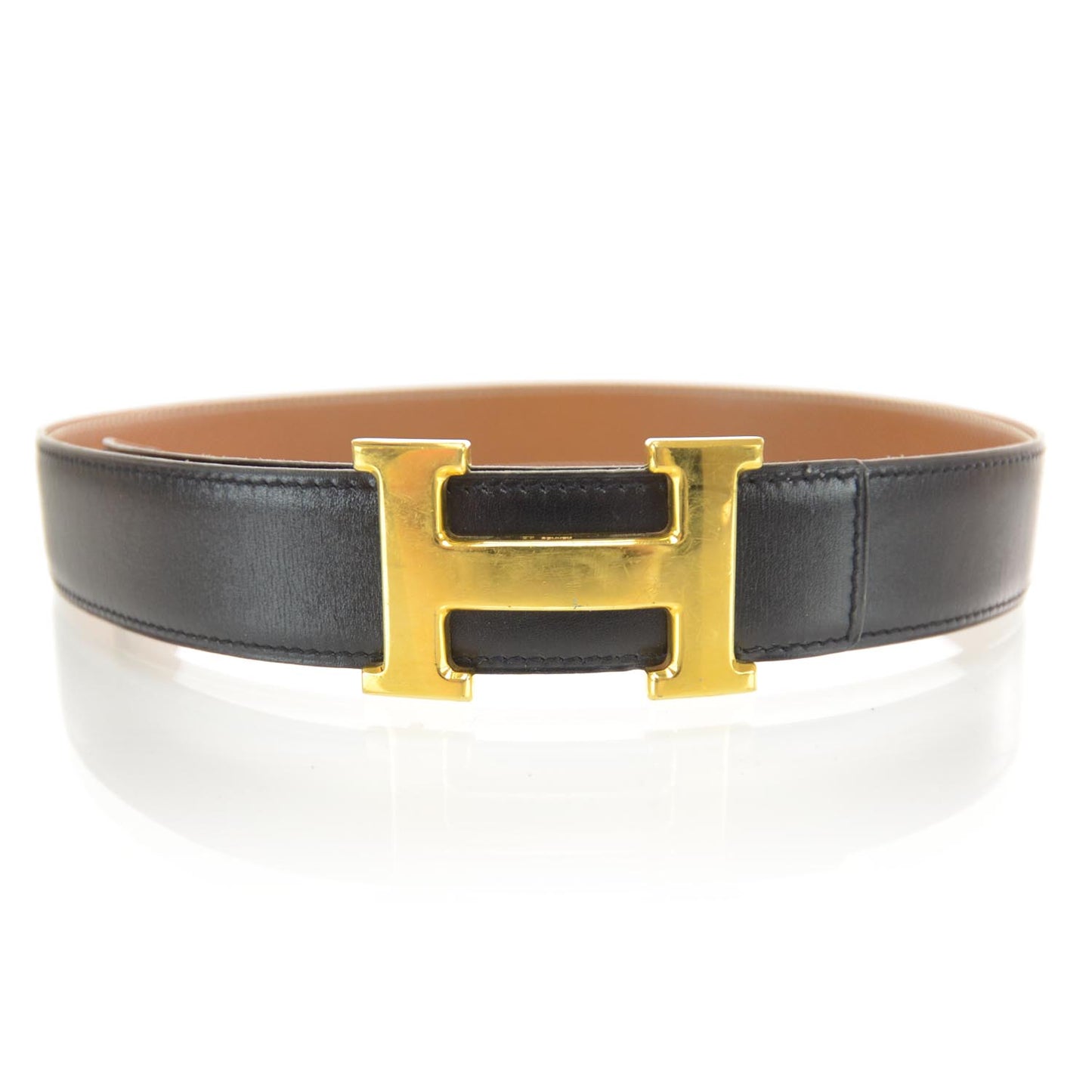 Leather Reversible H Belt 80 Black Gold