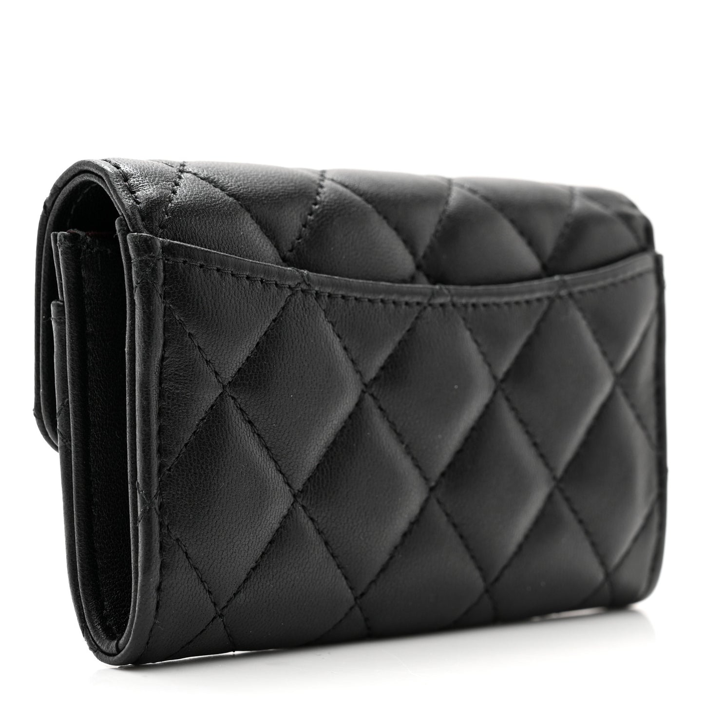 Lambskin Quilted Flap Card Holder Wallet Black