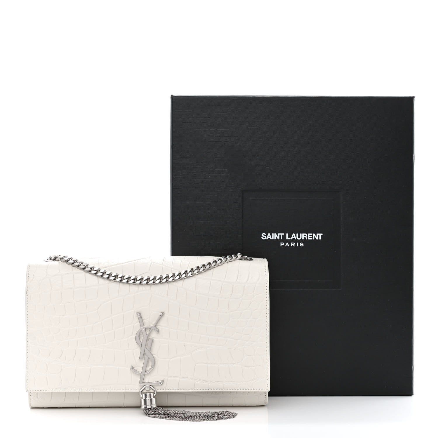 Saint Laurent Calfskin Crocodile Embossed Medium Classic Monogram Kate Tassel Satchel Crema Soft 13 of 13