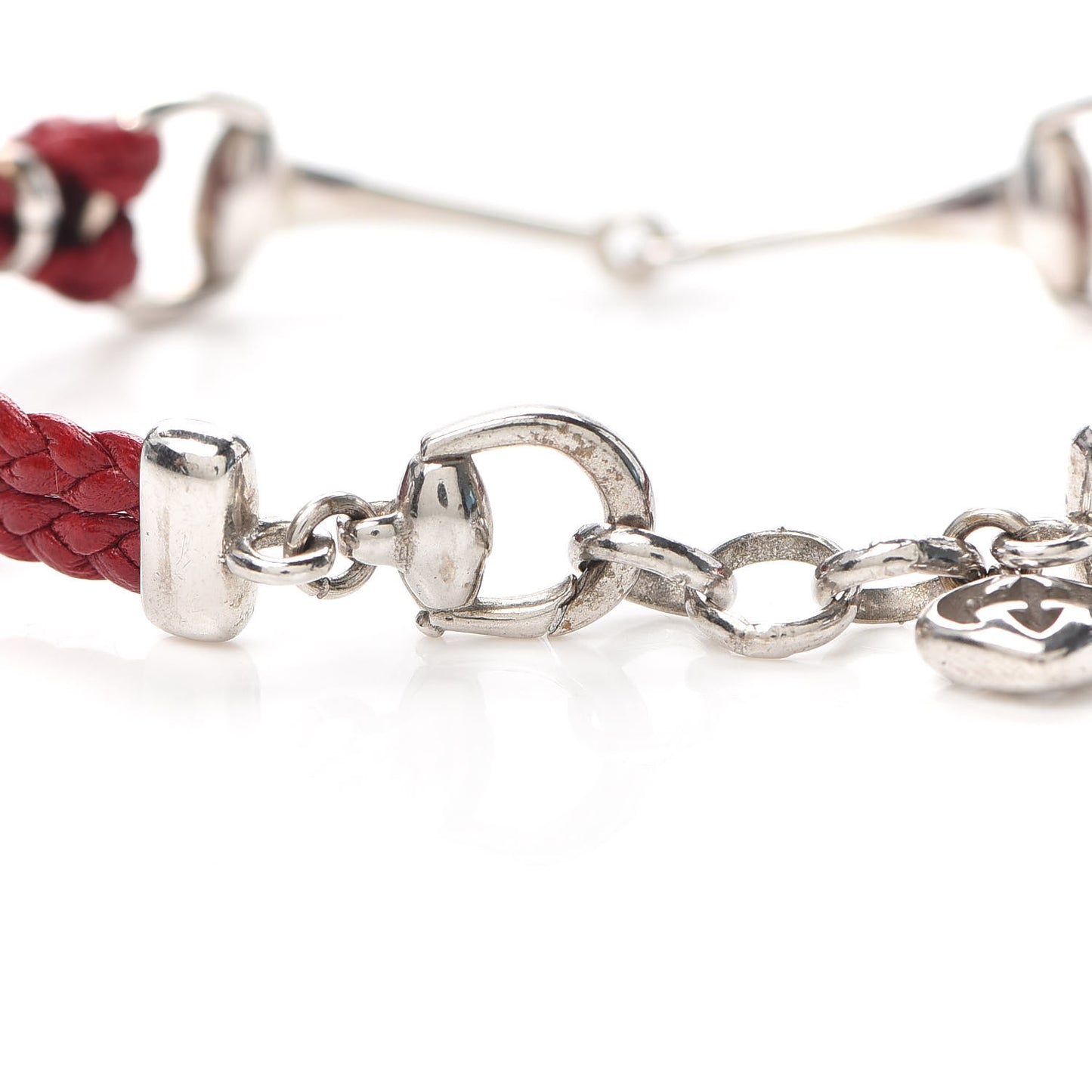 Sterling Silver Leather Horsebit Bracelet Red