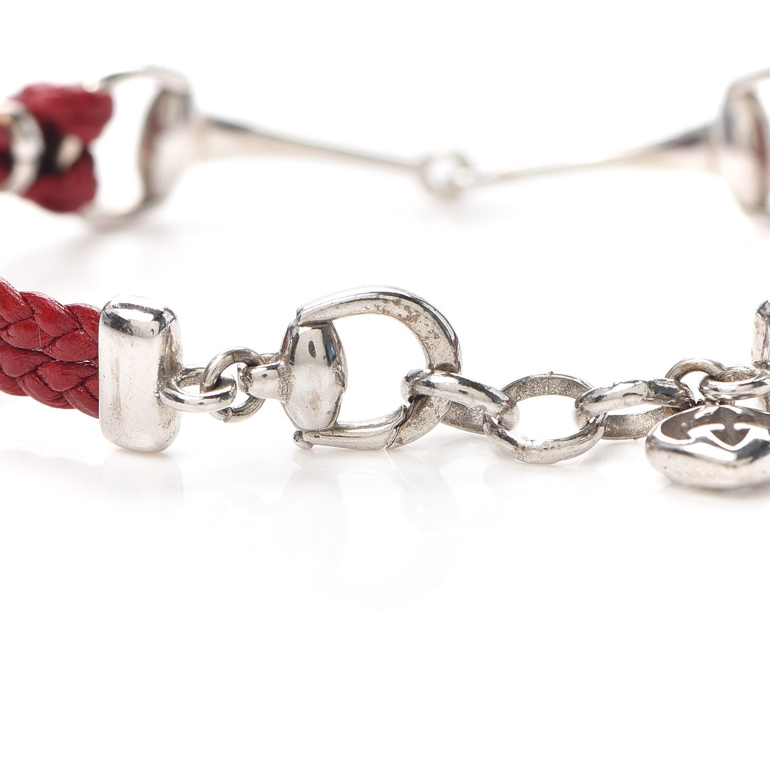 Gucci Sterling Silver Leather Horsebit Bracelet Red 4 of 7