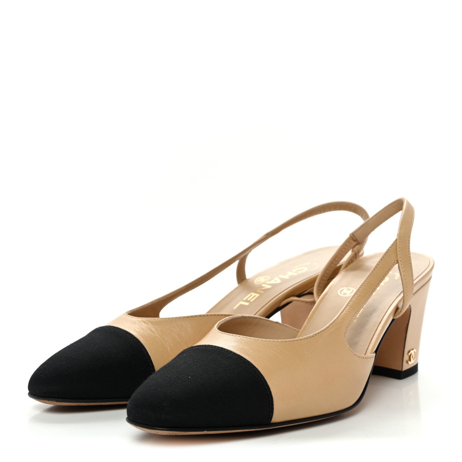 Chanel Goatskin Grosgrain Cap Toe CC Slingback Pumps 36 Beige Black 4 of 10