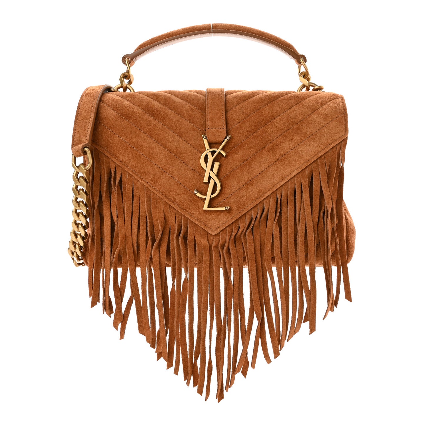 Suede Matelasse Chevron Fringe Monogram Medium College Bag Brown
