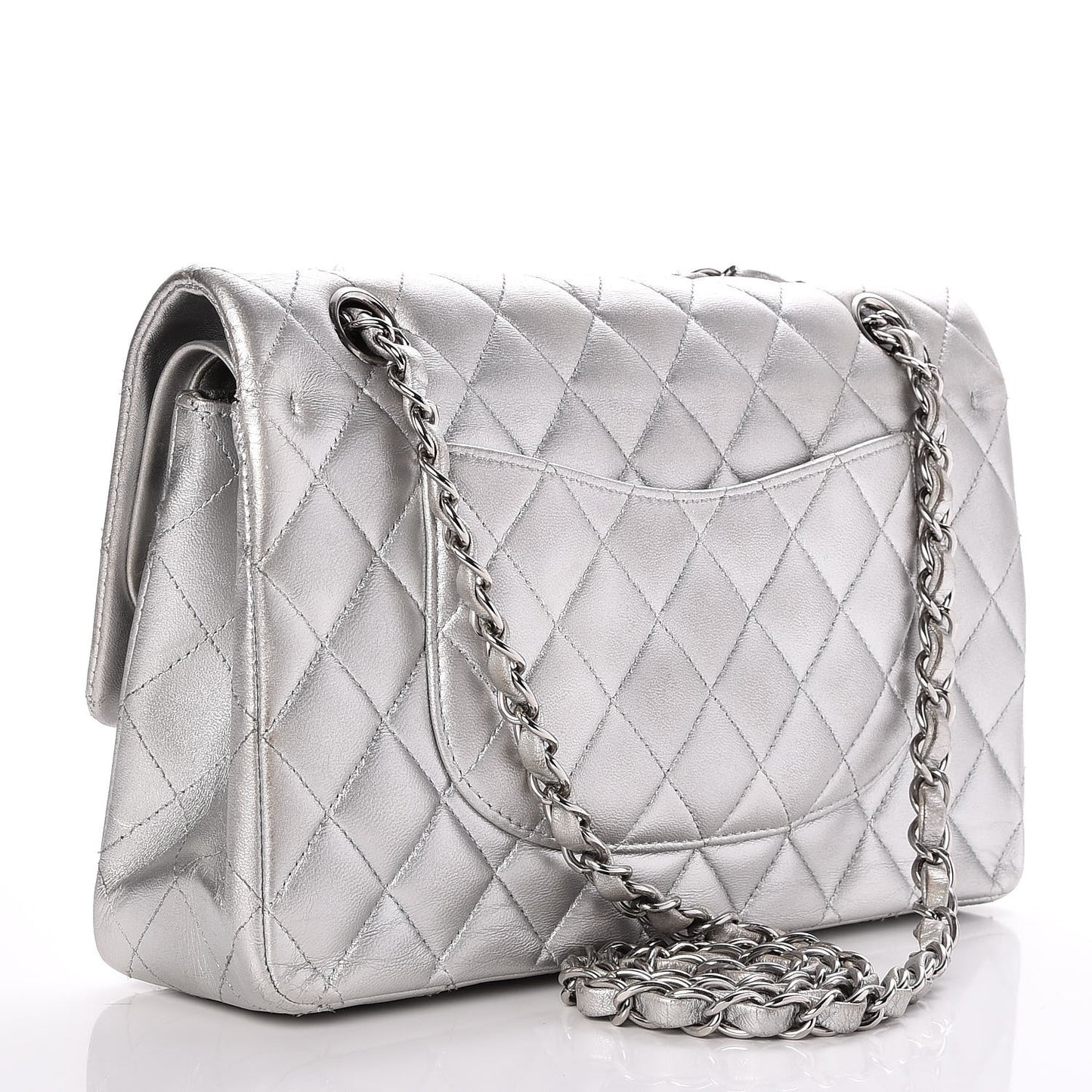 Metallic Lambskin Quilted Medium Double Flap Silver