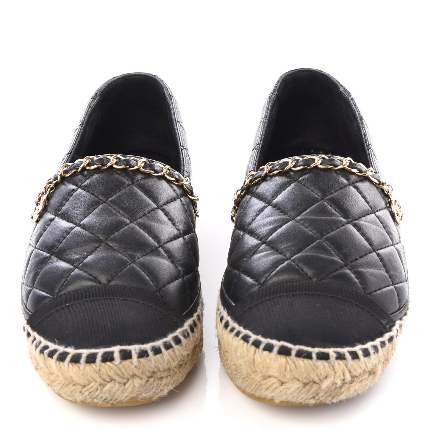 Lambskin Grosgrain Quilted CC Chain Espadrilles 36 Black