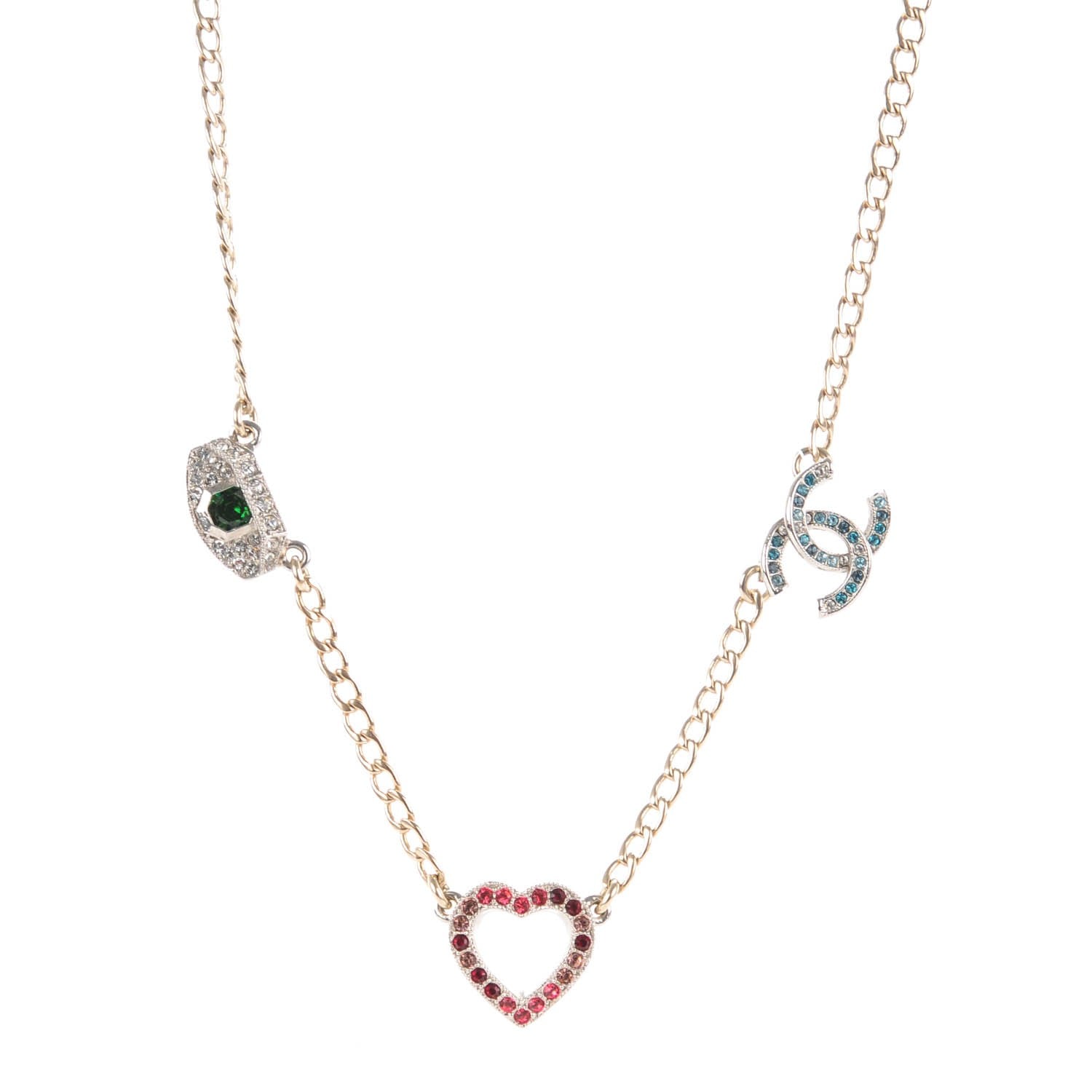 Chanel Crystal Heart Eye CC Charm Necklace Gold Silver 1 of 7
