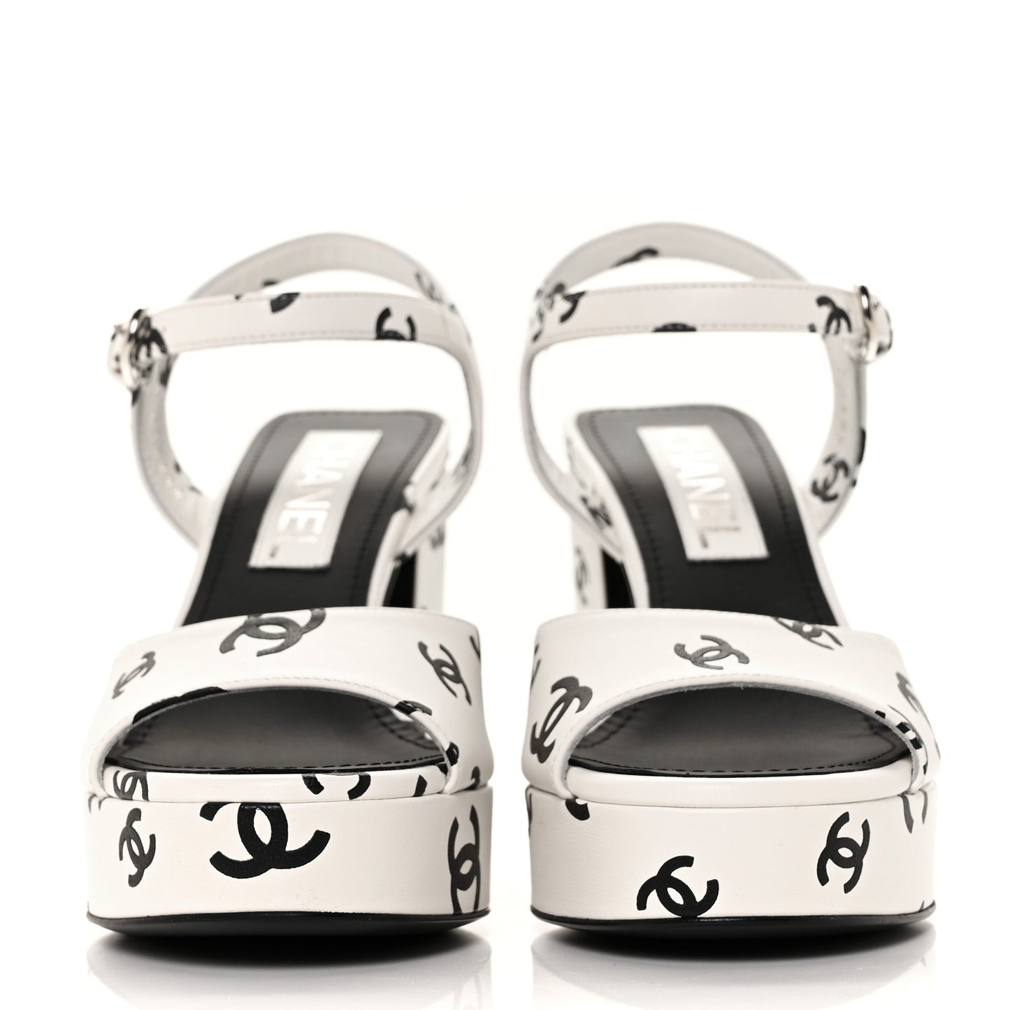 Printed Lambskin CC Platform Sandals 36 White Black