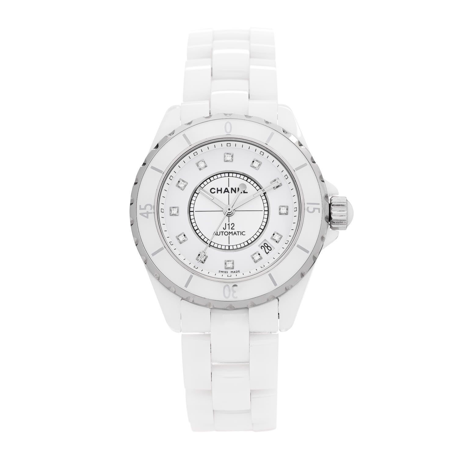 Chanel Stainless Steel Ceramic Diamond 38mm J12 Automatic Watch White 1 of 4