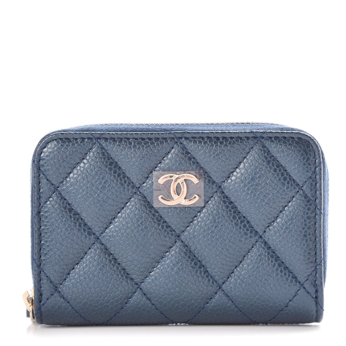 Metallic Caviar Quilted Zip Coin Purse Dark Blue