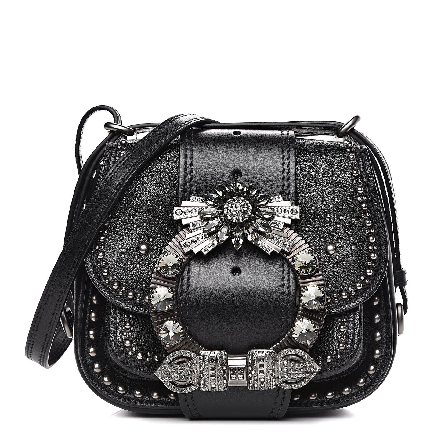 Goatskin Madras Soft Calfskin Crystal Embellished Lady Saddle Black