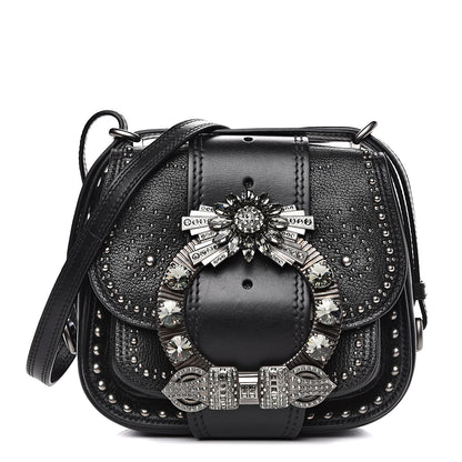 Miu Miu Goatskin Madras Soft Calfskin Crystal Embellished Lady Saddle Black 1 of 12