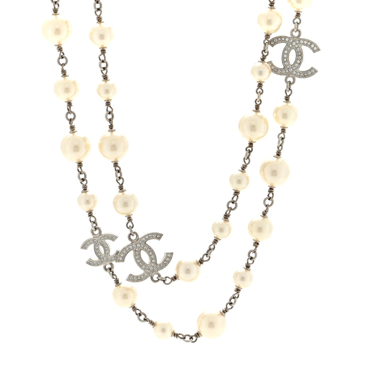 Graduated Pearl Crystal CC Long Necklace Silver