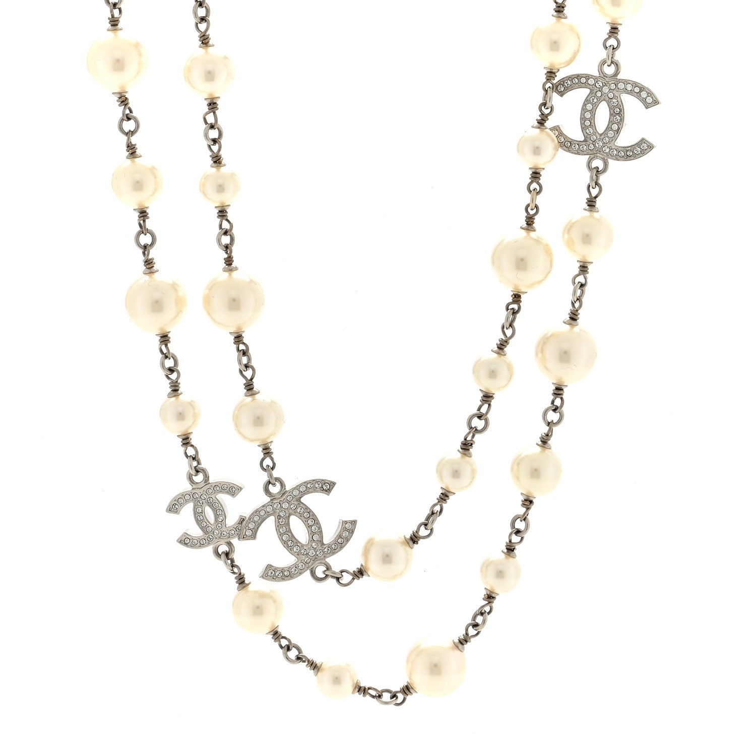 Chanel Graduated Pearl Crystal CC Long Necklace Silver 1 of 4