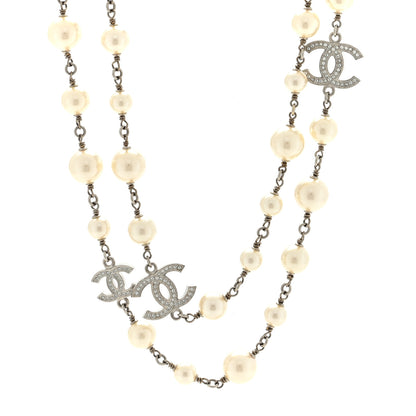 Chanel Graduated Pearl Crystal CC Long Necklace Silver 1 of 4