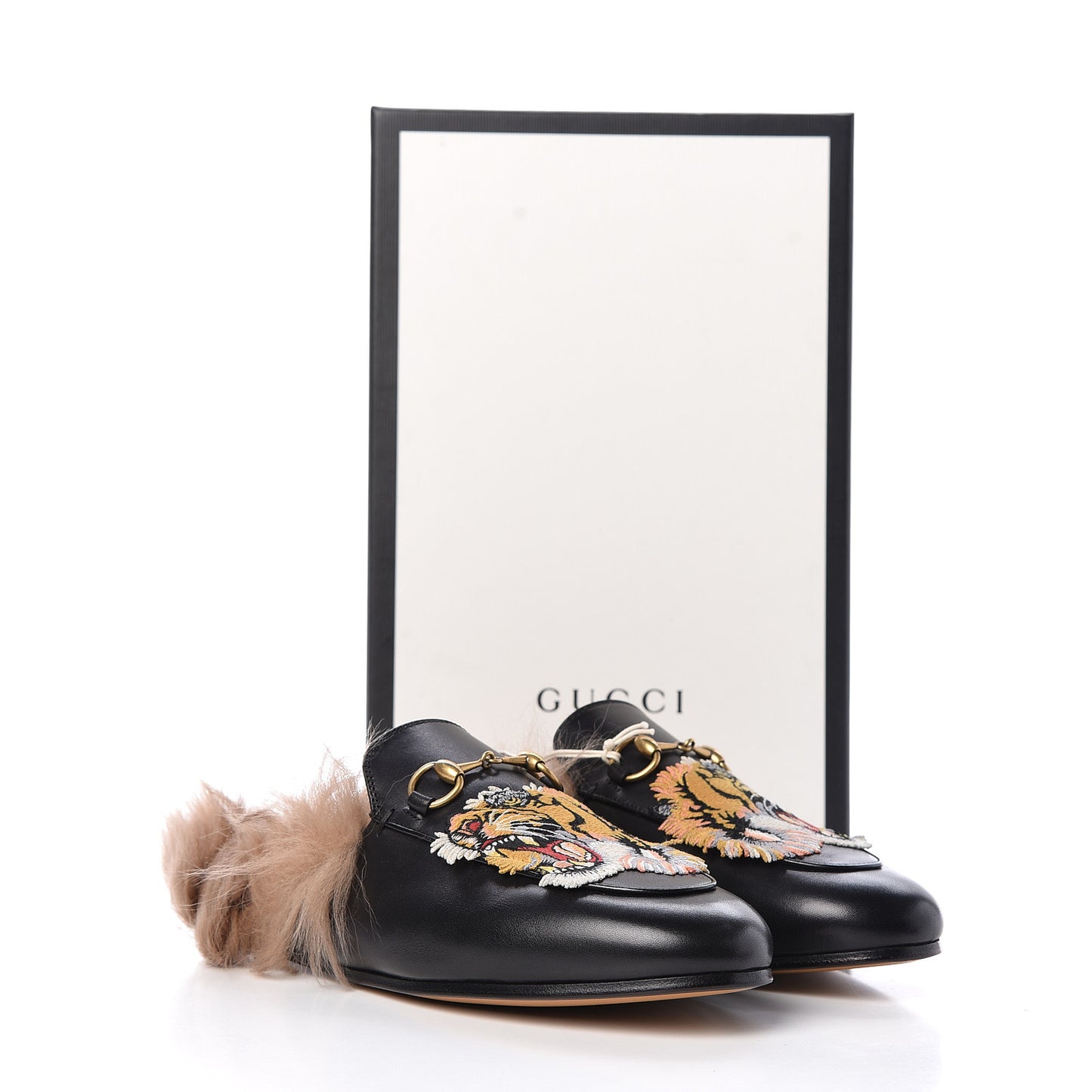 Calfskin Fur Tiger Embroidered Womens Princetown Slippers 37 Black