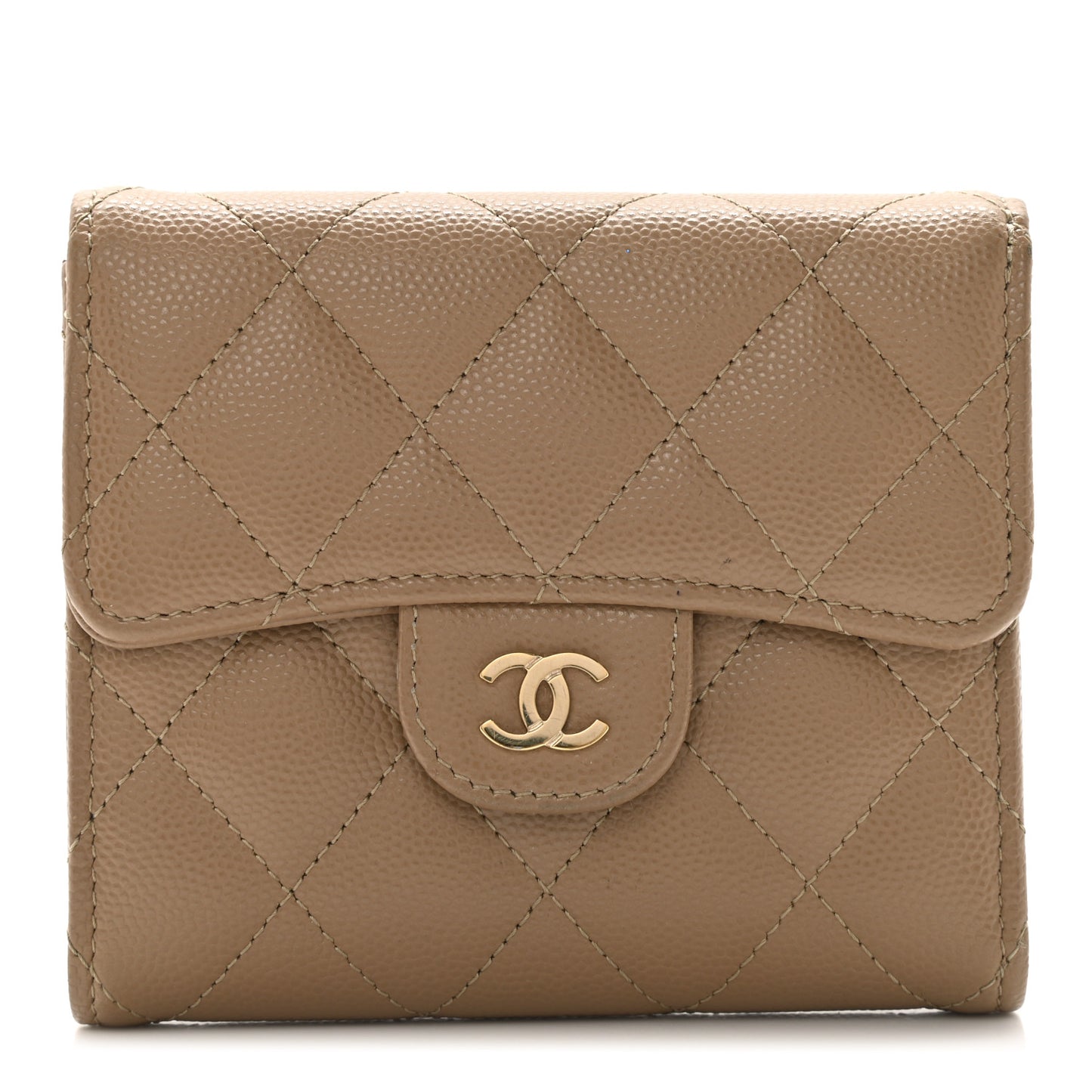 Caviar Quilted Compact Flap Wallet Dark Beige