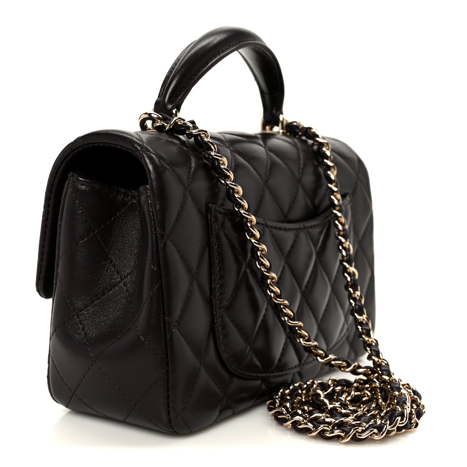 Chanel Lambskin Quilted Mini Top Handle Rectangular Flap Dark Brown 3 of 12