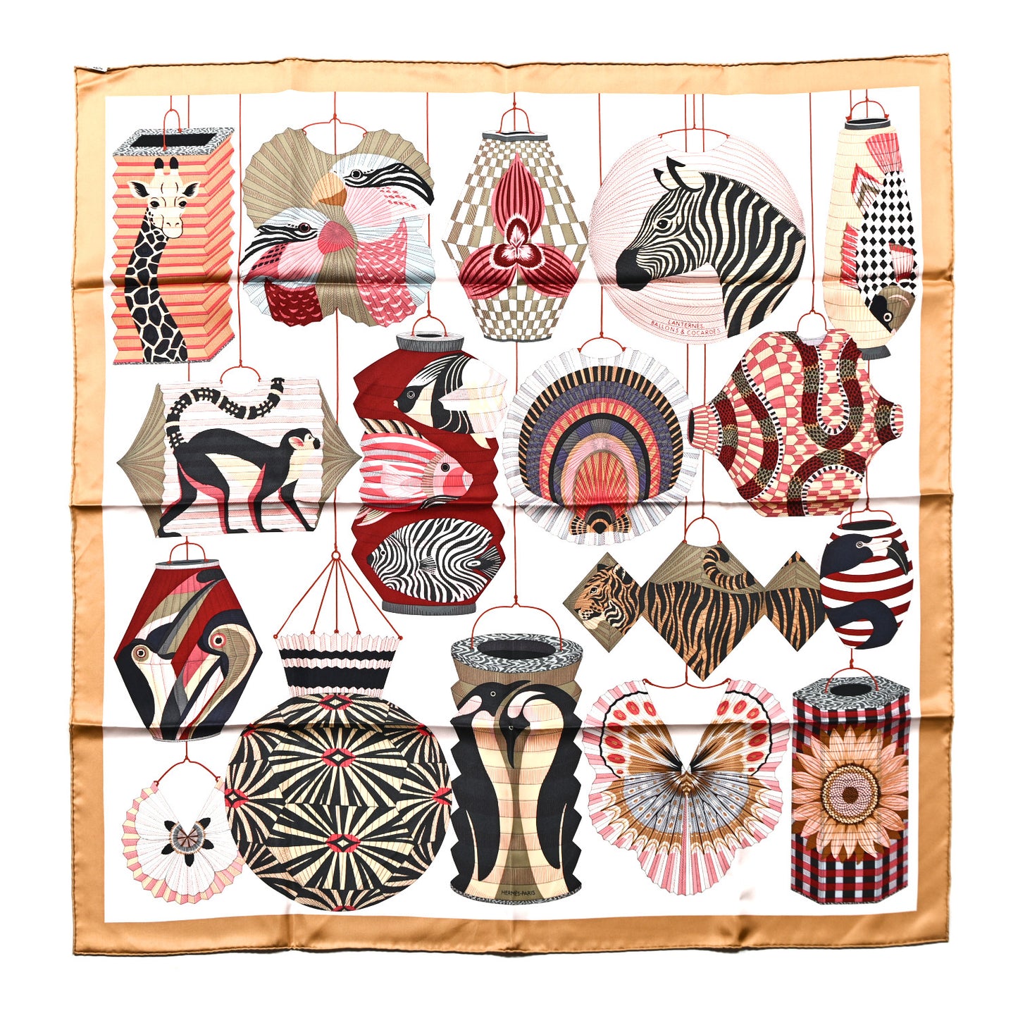 Silk Lanternes Ballons et Cocardes Scarf 90 Beige Rose Nacre Bordeaux