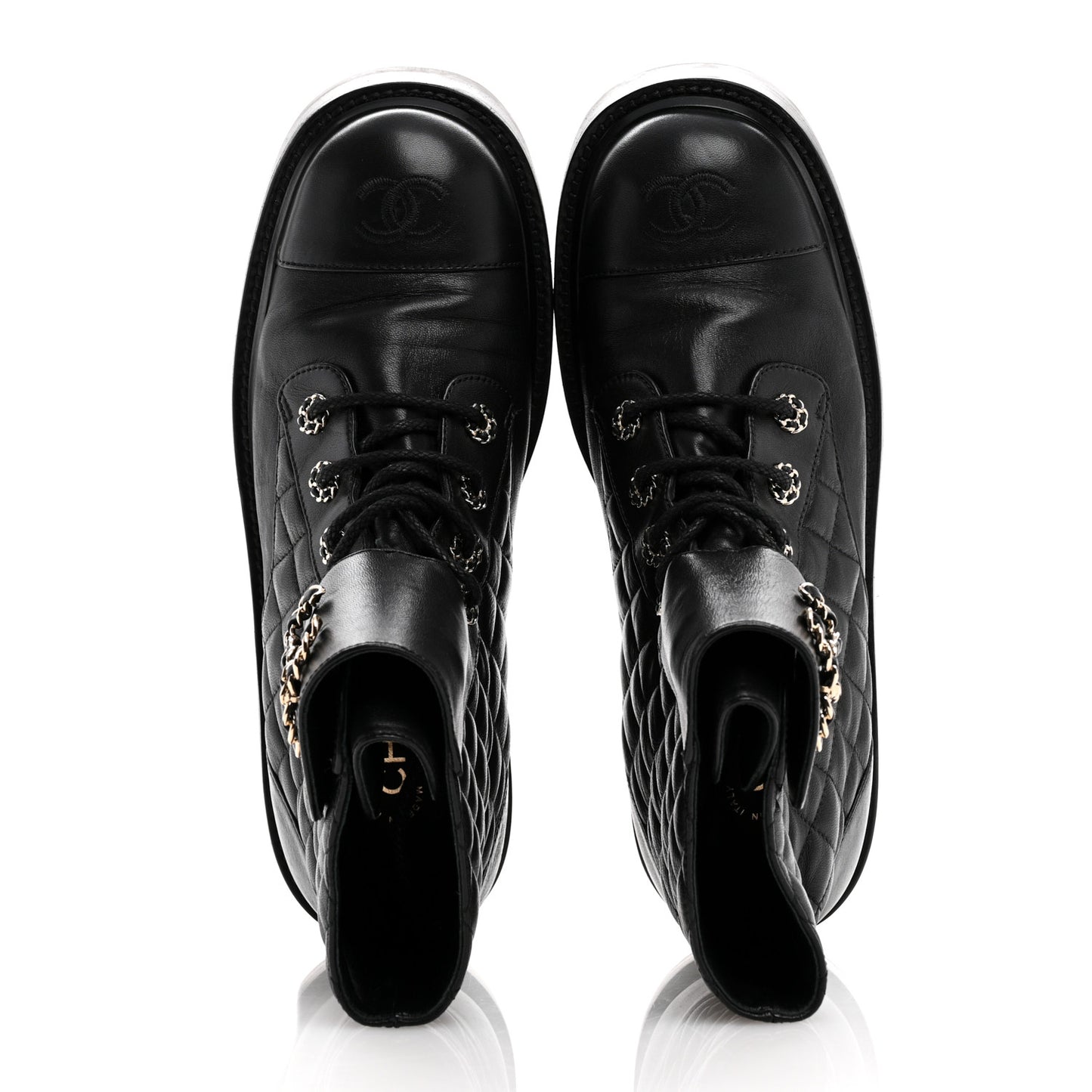 Shiny Goatskin Calfskin Quilted Lace Up Combat Boots 40 Black